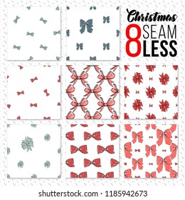 Christmas bow patterns set. Collection of 8 seamless background. Decorative cartoon bows for Christmas holidays. Cute backdrop kit for greeting or postcards.

