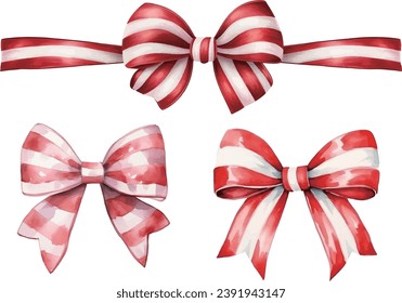 Christmas bow ribbon watercolor vector illustration, red and white bow ribbon