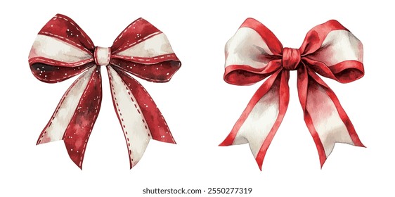 Christmas bow ribbon watercolor vector illustration, red and white bow ribbon	