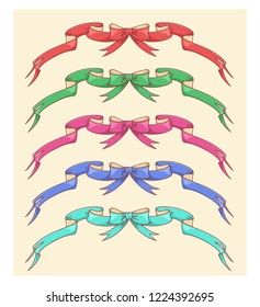 Christmas bow ribbons set decorations collection of five colors red, blue, pink, teal and green for decoration isolated vector illustration