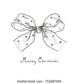 Christmas bow of transparent ribbon with snowflakes, hand-drawn holiday illustration in vintage style.