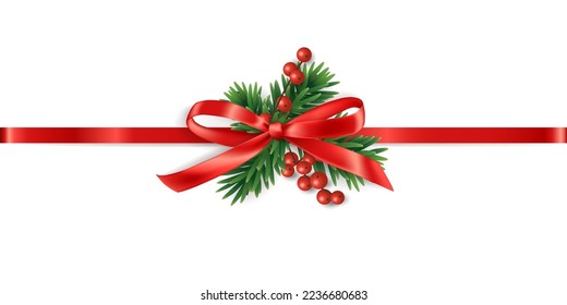 Christmas bow and tree border, isolated vector. Red ribbon with fir tree branch and holly berries. Winter season and New year gift decoration. Holiday divider for banners, party posters, headers. 