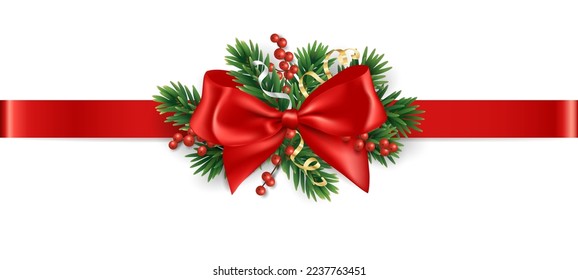 Christmas bow and tree border, isolated vector. Red ribbon with fir tree branch and holly berries. Winter season and New year gift decoration. Holiday divider for banners, party posters, headers. 