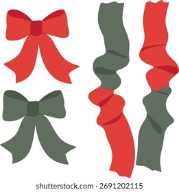 Christmas Bow and Wavy Ribbon Vector Set in Red and Green Holiday Colors.