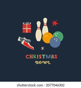 Christmas bowl party fancy vector icon. Bowling ball, shoes, xmas present cartoon design element. Sport bowl club winter holiday festive fun advertisement. Christmas web banner background illustration
