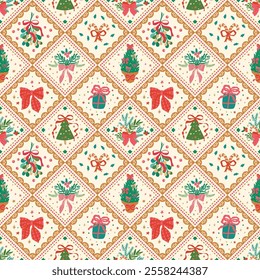 Christmas bows and ribbons patchwork seamless pattern with winter holiday fir branches, Christmas tree. Cute vector quilt, blanket cozy mosaic background, print, gift paper, textile design, wallpaper