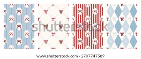 Christmas bows and ribbons seamless pattern background set. Vintage xmas packaging textures. Cute decorative frames. Coquette holiday print. Wrapping paper. Striped backdrop. Vector illustration