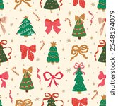 Christmas bows seamless pattern. Cute festive Christmas tree, bow knots, ribbons repeat background, colorful winter holiday Vector New Year celebration ornament, hand drawn wallpaper, wrap, gift paper