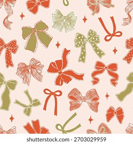Patrón sin fisuras de los arcos de la Navidad, rojo y verde Coquette arcos de papel digital, Cinta de moda arcos de tela de Navidad, Navidades lindas Repetir patrón Diseño Vector