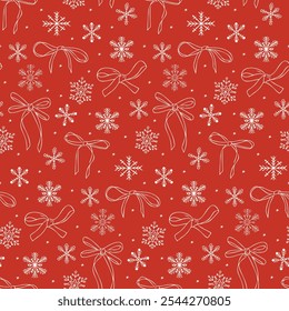 Arcos de Navidad y copos de nieve sin patrón en estilo de doodle de contorno sobre fondo rojo, ideal para diseños de vacaciones de invierno y tela. Vector dibujado a mano ilustración para papel de regalo