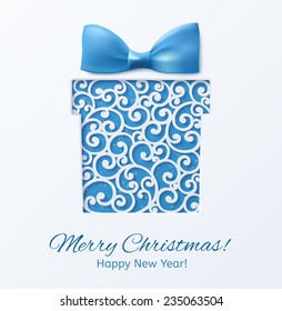 Christmas box with a blue bow. Design elements for holiday cards.  Beautiful applique. Abstract design. Vector illustration.