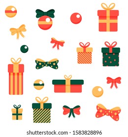 christmas box bow ball present gift flat white background