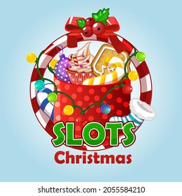 Christmas box in candy frame with sweets and garland for graphic design. Vector illustration isolated red New Year gift with berries for ui.