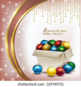 Christmas box with colored balls on pink background. Vector illustration of festive packaging with bright colored round Christmas decorations, merry Christmas.