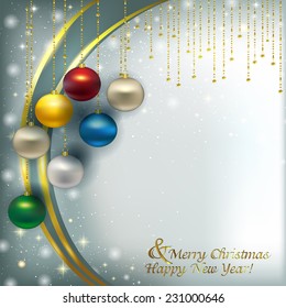 Christmas box with colored balls on a bright background. Vector illustration of holiday, silver Christmas tree decorations, menu, card, postcard, banner. Hanging a bunch of Christmas tree decorations.