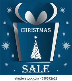 Christmas box (cut the paper). Blue origami paper vector. Christmas gift. Greeting card template.New year paper banner with creative present. Stylish text.Creative realistic Notch out element, sticker