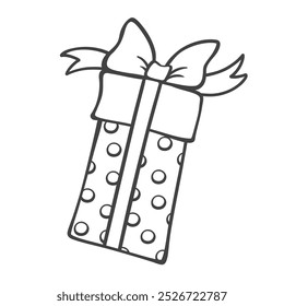 Christmas box with gift and bow line icon. Outline hand drawn vintage polka dot gift wrap, doodle element of holidays celebration. Merry Christmas, happy birthday mascot, box icon vector illustration