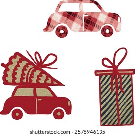 Christmas box, gift box, car, Christmas tree, red bow, gold, red. ornaments, Christmas Eve, toys, festive, decoration. Vector, set, collection. Watercolor, Vintage. Greeting design