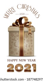 Christmas box with gifts and greeting lettering. Happy New Year 2021. Vector illustration