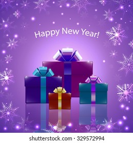 Christmas box  glossy  reflection  , snowflakes. vector