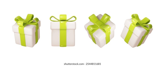 Christmas box with green ribbon in different projections isolated. Realistic vector Festive, holiday, Christmas 3d present