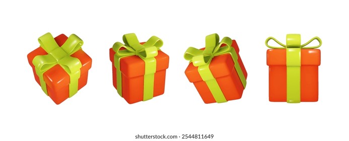 Christmas box red with green ribbon in different projections isolated. Realistic vector Festive, holiday, Christmas 3d present