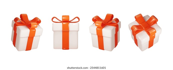 Christmas box with red ribbon in different projections isolated. Realistic vector Festive, holiday, Christmas 3d present