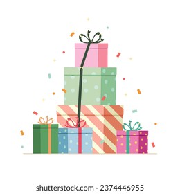 Christmas boxes with gift, Happy New Year and Merry Christmas concept. New Year presents, gift boxes with ribbons.