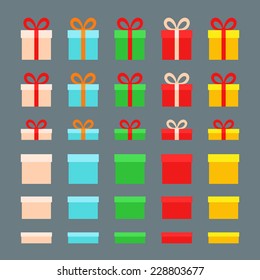 Christmas Boxes for gifts in different colors. Flat design.