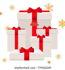 Christmas boxes with gifts. Gold snowflakes on a white background.
