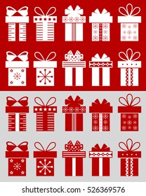 Christmas boxes: boxes isolated on the red background and cut boxes on the grey background. Set of 10 Christmas boxes with symbols and patterns. Vector illustration.