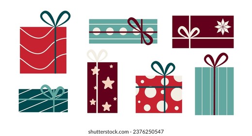 Christmas boxes. Set of cute gifts for design of cards, posters, scrapbooking, banners. Vector illustration on white background.