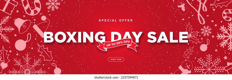 Christmas Boxing Day Sale Banner in red with Decorative Christmas Ornament designs, snowflakes, snowman, christmas tree balls, santa hat, candy cane. Shop Now Button. Vector Illustration. EPS 10.