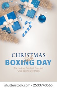 Navidades Boxing Day Anuncio de venta, tarjeta de felicitación blanca del año Nuevo con las cajas de regalo azules 3d, ramas beige del pino, bastones de caramelo, chucherías, confeti. Promoción de descuentos vacacionales y compras de fin de año