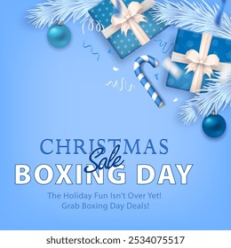 Christmas Boxing Day sale banner, New Year greeting card with 3d blue gift boxes, icy pine branches, candy canes, baubles, confetti on cyan background. Promoting holiday discounts and end-of-year shop