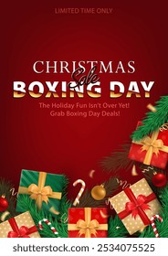 Christmas Boxing Day sale banner, New Year greeting card with 3d gift boxes, pine branches, candy canes, baubles, confetti ribbons on red background. Promoting holiday discounts and end-of-year shop