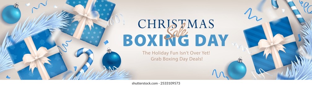 Christmas Boxing Day sale header, panoramic white banner with 3d blue gift boxes, confetti, candy canes, baubles, and icy cyan pine branches for promoting New Year, holiday deals, seasonal discounts