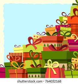 Christmas boxses.Frame with gift boxes. Greeting card. Vector illustration.