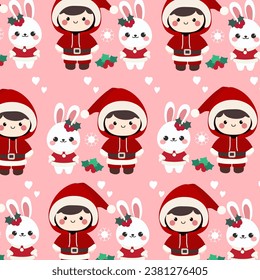 Weihnachtsjunge und sonnige nahtlose Muster. Nahtlose Muster mit einem süßen Weihnachtsjungen, Weihnachtsbunny und Schneeflocken auf rosafarbenem Hintergrund.