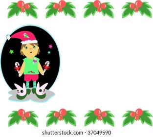 Christmas Boy and Floral Frame Vector