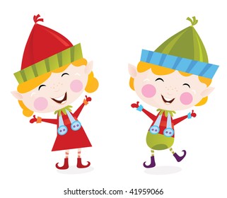 Christmas boy and girl elves. Cute small elves in christmas costumes. Vector cartoon illustration.