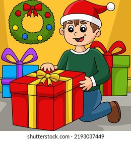 Weihnachtsjunge Eröffnungsgeschenk Farbkarikatur 