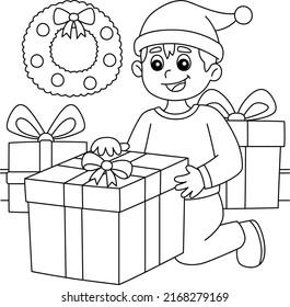 Christmas Boy Opening Gift Coloring Page for Kids