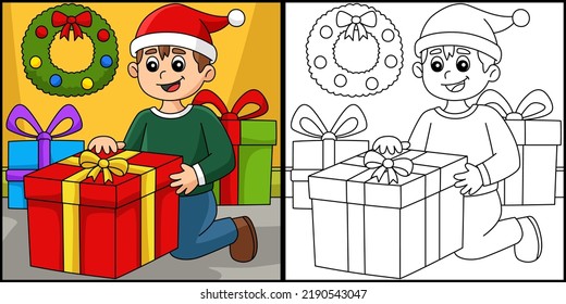 Christmas Boy Opening Gift Coloring Page