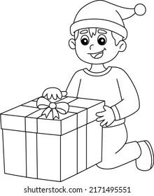 Christmas Boy Opening Gift Isolated Coloring Page