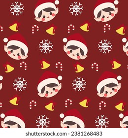 Christmas Boy Seamless Pattern.Seamless pattern features a cute Christmas boy with a hat, candy cane, and bell on a red background.