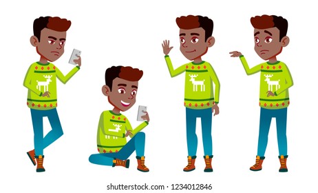 Christmas Boy Set Vector. Primary School Child. Student Expression. Lifestyle, Friendly. For Presentation, Print, Invitation Design. Isolated Cartoon Illustration
