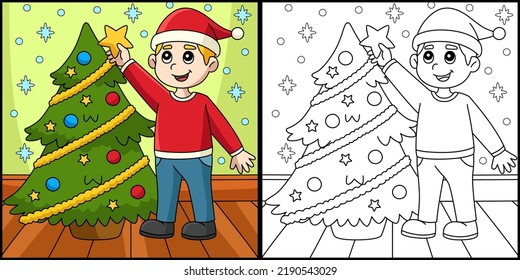 Christmas Boy And Christmas Tree Coloring Page 