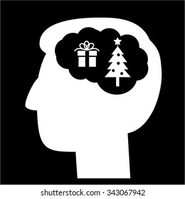 Christmas in brain head full of gift and christmass tree vector icon | white flat design pictogram illustration and infographic isolated on black background