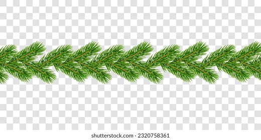 Christmas branch border 3D. Green garland isolated white transparent background. Template texture holiday banner, decoration, invitation, New Year card. Elegant realistic design. Vector illustration